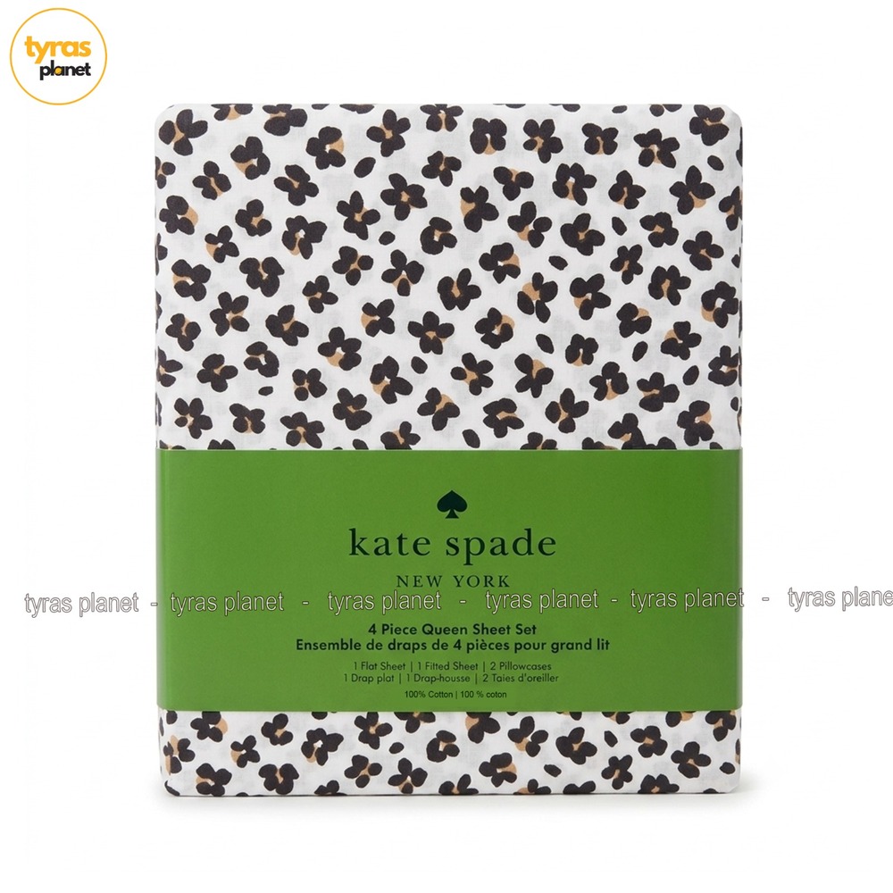 Kate Spade New York Queen Sheet Set Floral Leopard Cotton White Black Tan New